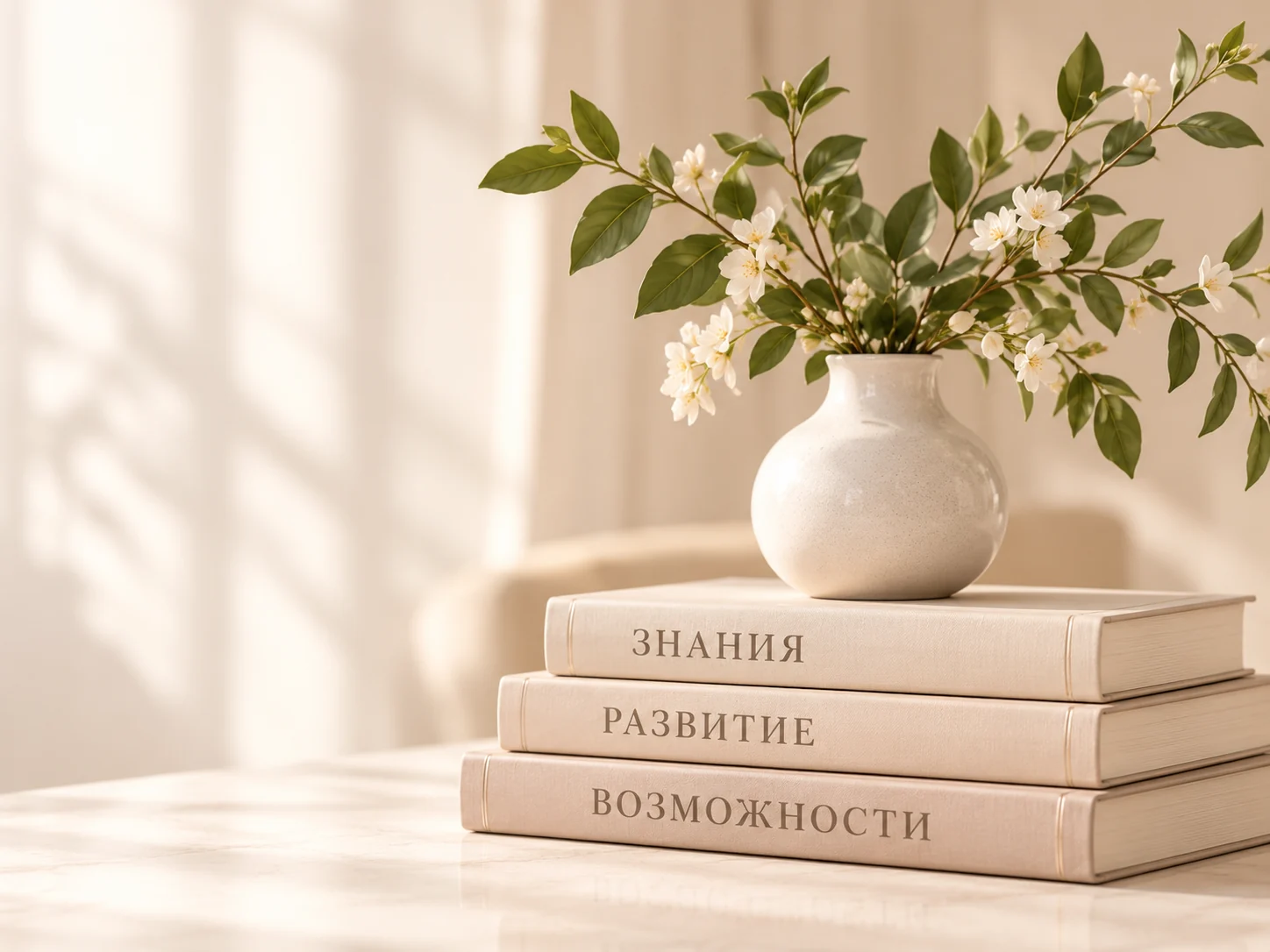 Книги «Знания», «Развитие», «Возможности» и цветущие ветви